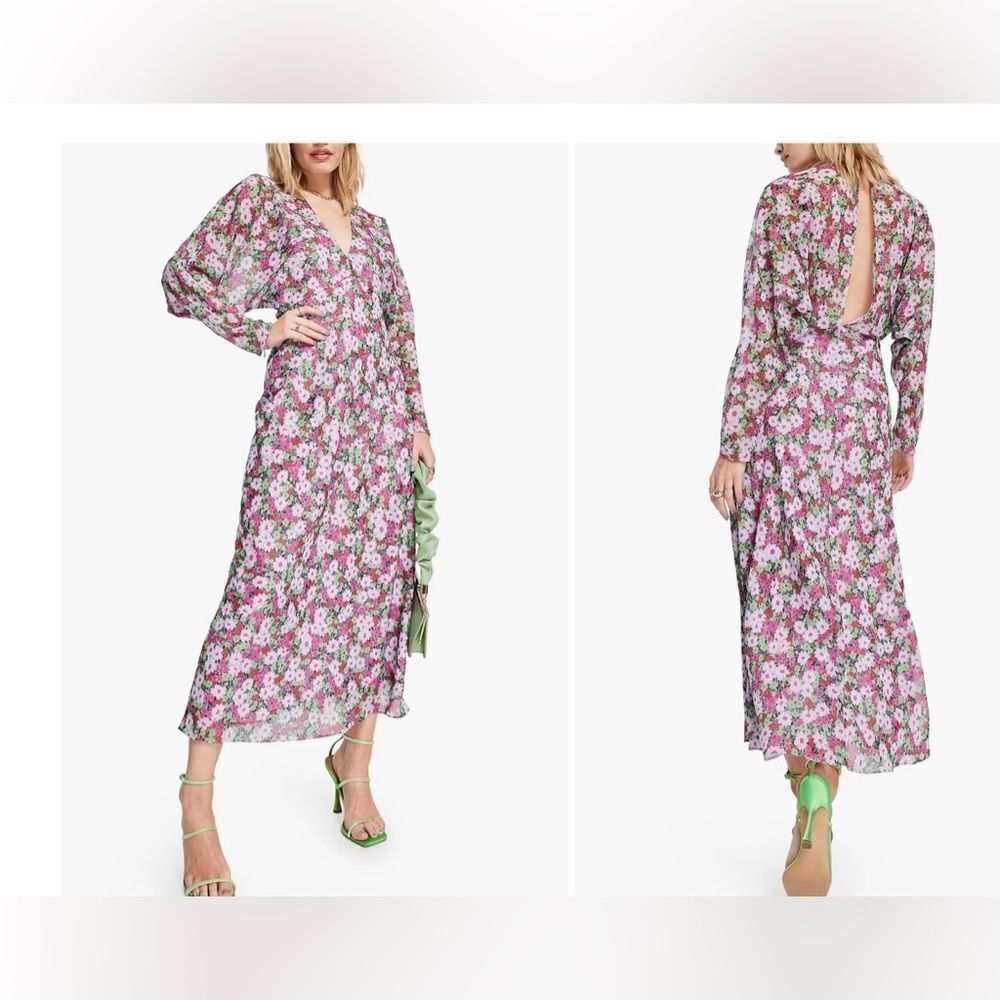 NEW ASOS Design Pink Floral Long Sleeve Midi Cottagecore Romantic Dress 2